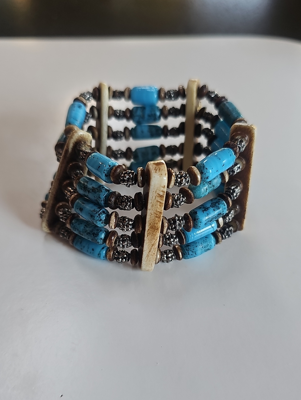 Turquoise Bead Multi-Row Stretch Bracelet by
